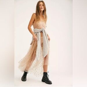 Free People FP One Estella Glitter Maxi Slip Dress Rose Glitter Tiered Sheer XS